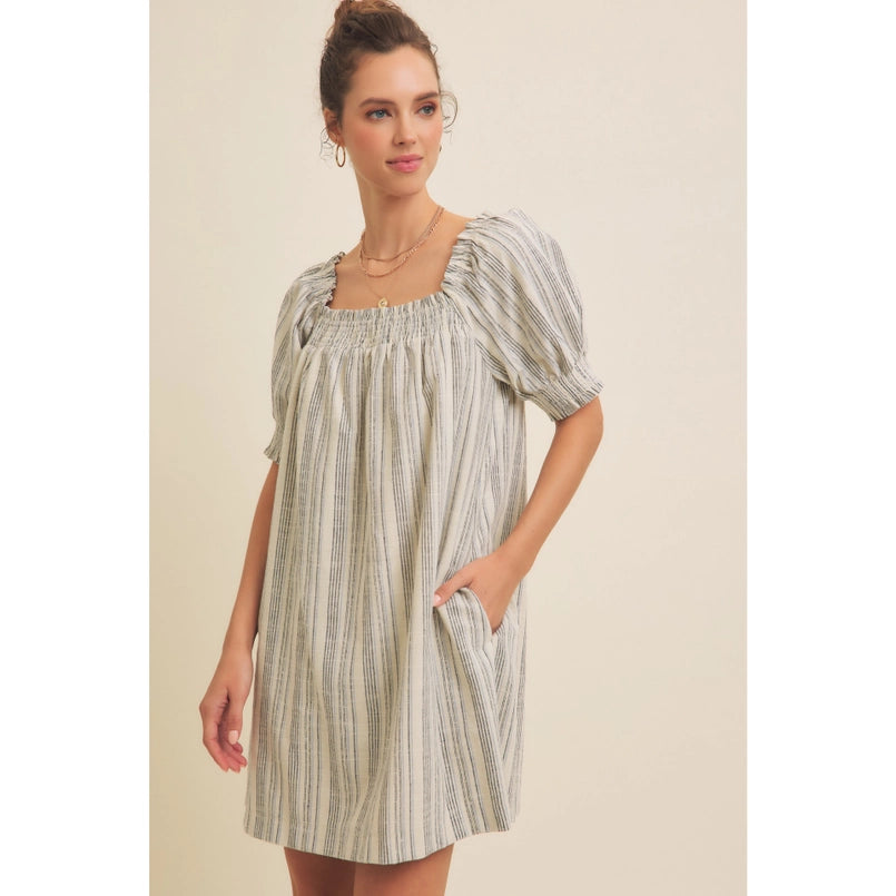 Cotton Linen Stripe Mini Dress W/ Smocked Short Sleeves