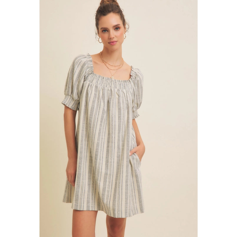 Cotton Linen Stripe Mini Dress W/ Smocked Short Sleeves