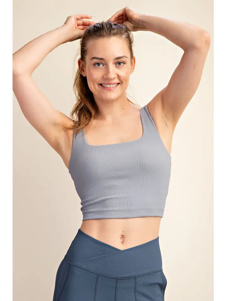 Nylon Rib Square Neck Sleeveless Crop Top