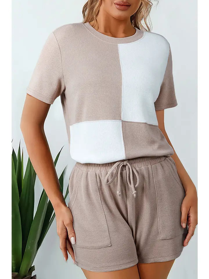 Textured Color Block Patchwork Tee and Shorts Set