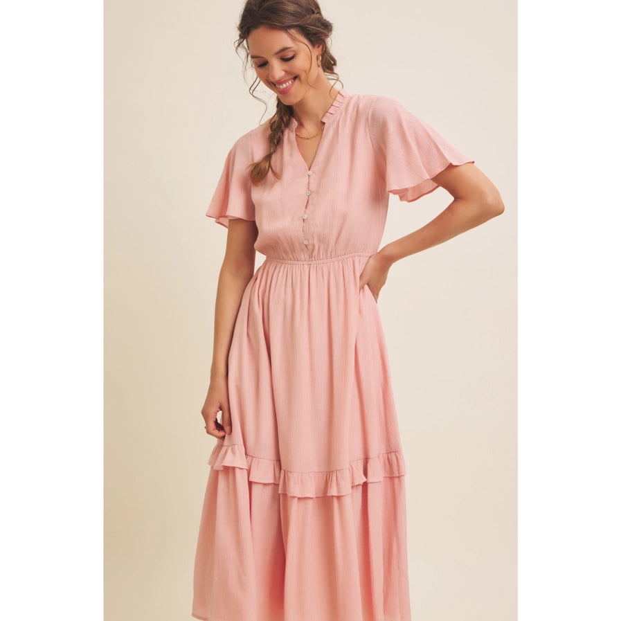 BUTTON-DOWN MIDI DRESS WITH RUFFLE DETAILS