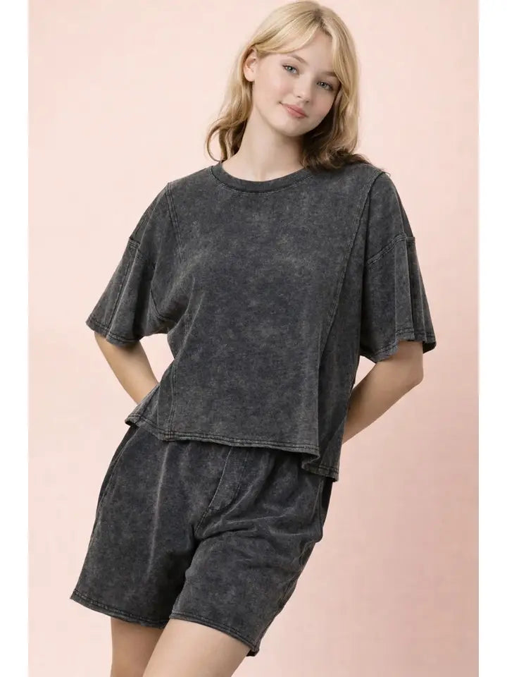 Plus Size Mineral Washed Casual Knit Top & Short Set
