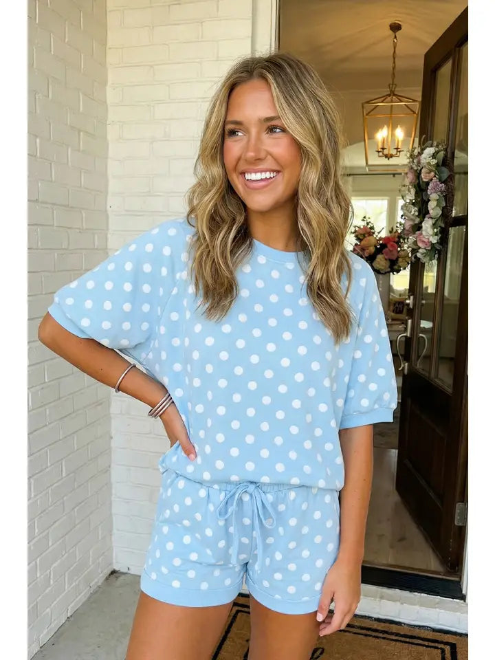 Polka Dot Print Top Drawstring Shorts Set