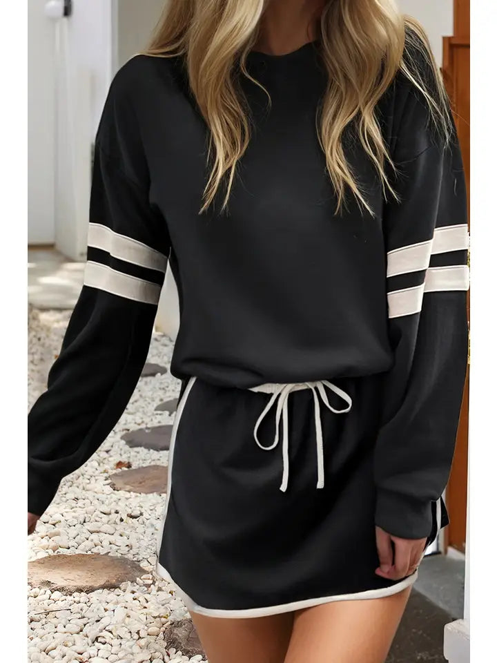 Stripe Detail Drop Shoulder Pullover Mini Skirt Set