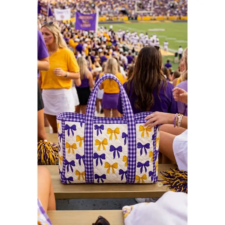Sideline Social Purple and Yellow Bow Tote Bag