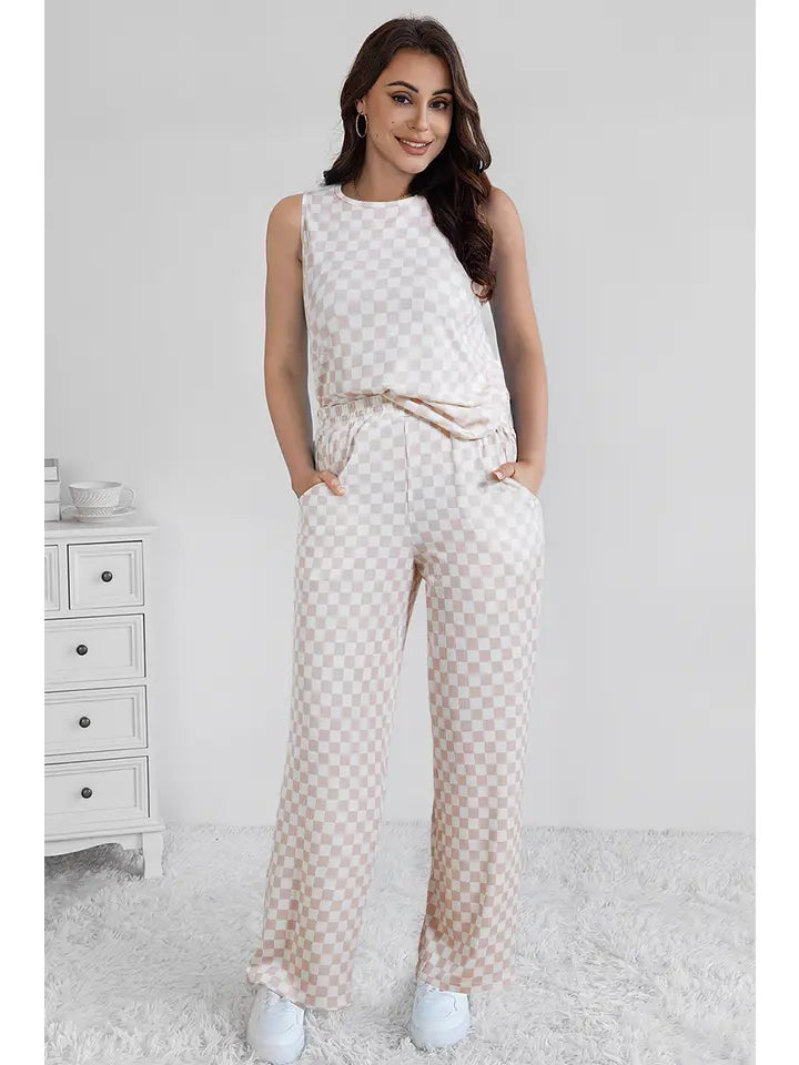 Ribbed Texture Checkered Print 2pcs Tank and Pants Set