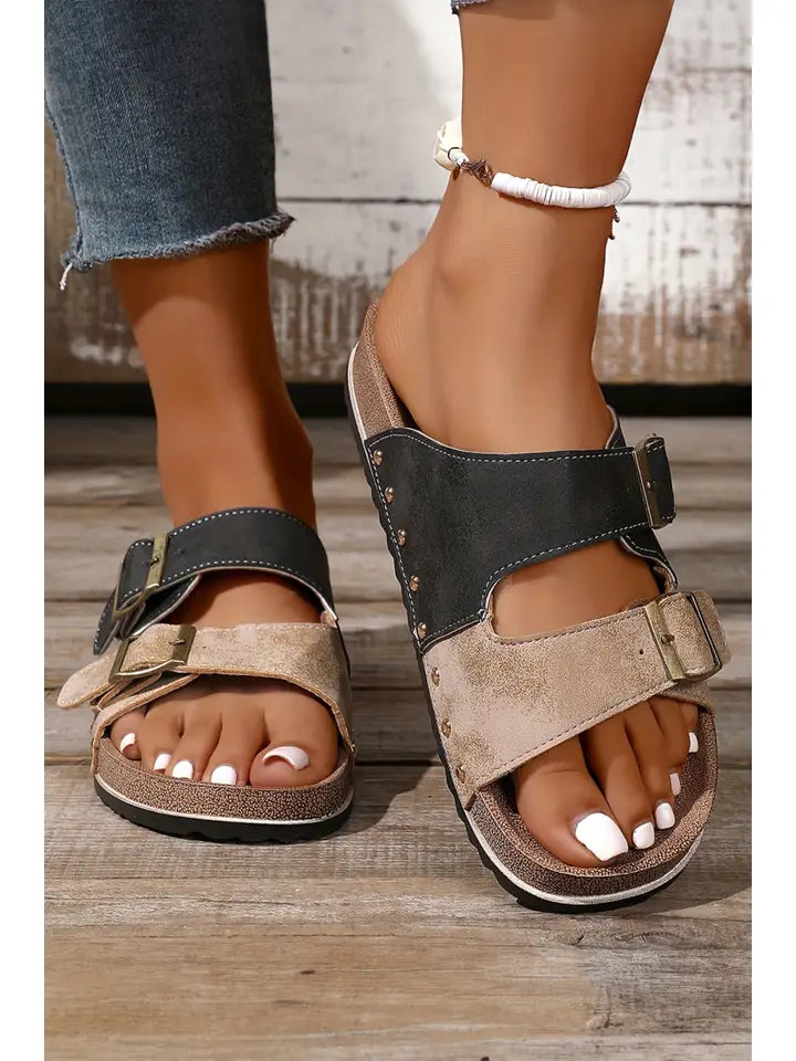 Two-Tone Buckle Straps Hollowed Suede Pu Slipper
