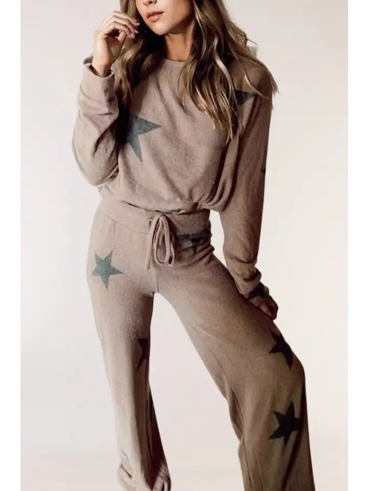 Star Print Long Sleeve Top and Wide Leg Pants Lounge Set