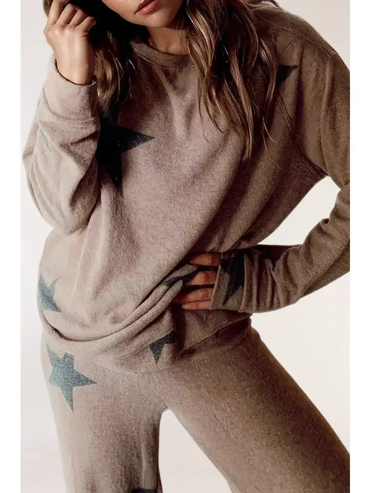 Star Print Long Sleeve Top and Wide Leg Pants Lounge Set