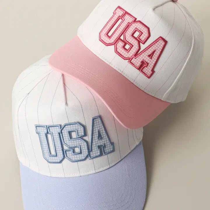 Blue USA Gingham Embroidered Patch Pinstripe Crown Trucker Hat