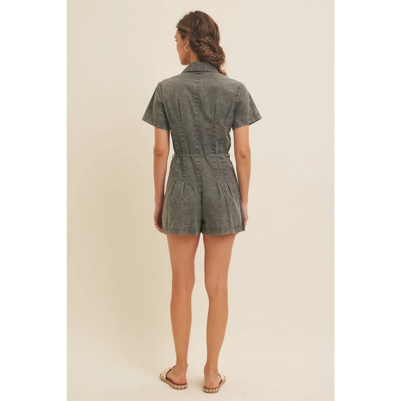 Mineral-Washed Cotton Romper W/ Pleated Waist & Belt