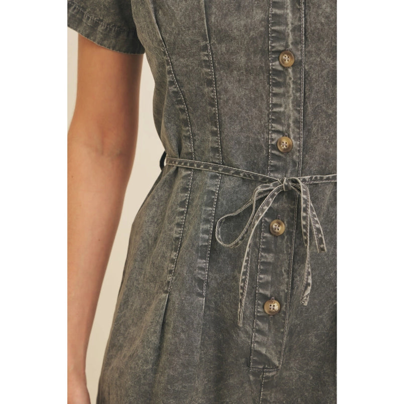 Mineral-Washed Cotton Romper W/ Pleated Waist & Belt